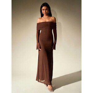 Selling Fast! Order Now! Off Shoulder Ruched Sparkle Glitter Mesh Long Dress
